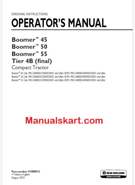 New Holland Boomer 45, Boomer 50, Boomer 55 Compact Tractor Pdf Operator's Manual