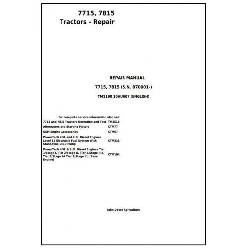 7715, 7815 John Deere Tractor (TM2190) Service Technical Manual