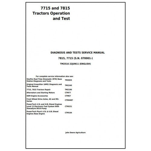 7715, 7815 John Deere Tractor (TM2516) Diagnostic, Operation and Test Service Manual