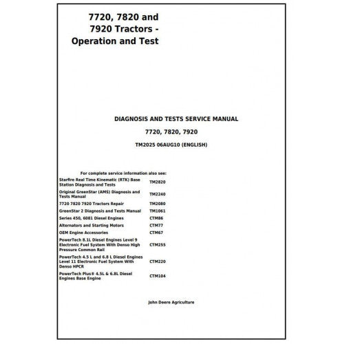 7720, 7820 and 7920 John Deere Tractor (TM2025) Diagnostic and Tests Service Manual