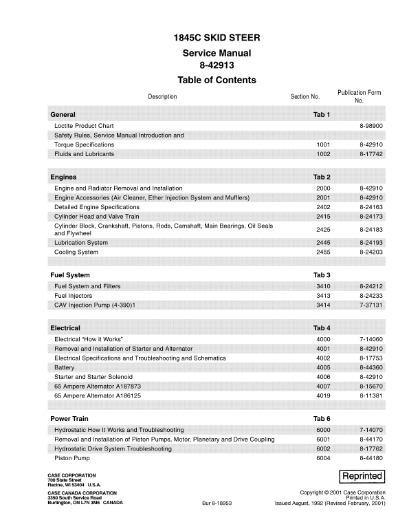 Case 1845C Skid Steer Loader Uni Loader Pdf Repair Service Manual (Pb. No. 8-42913)