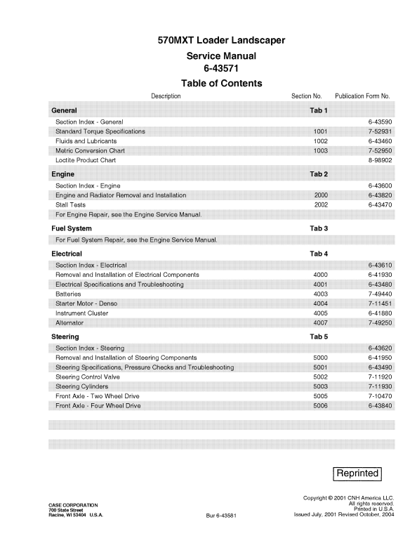 Case 570MXT Loader Landscaper Pdf Repair Service Manual (Pb. No. 6-43571)