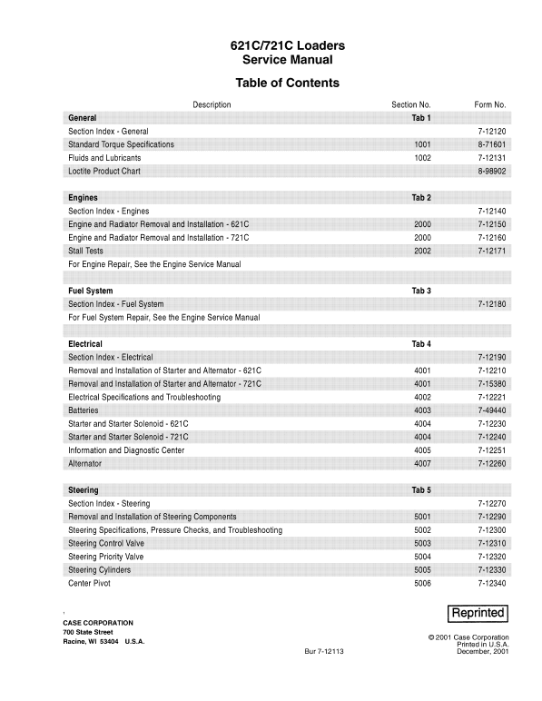 Case 621C, 721C Loaders Pdf Repair Service Manual (Pb. No. 7-12073, 7-12113)