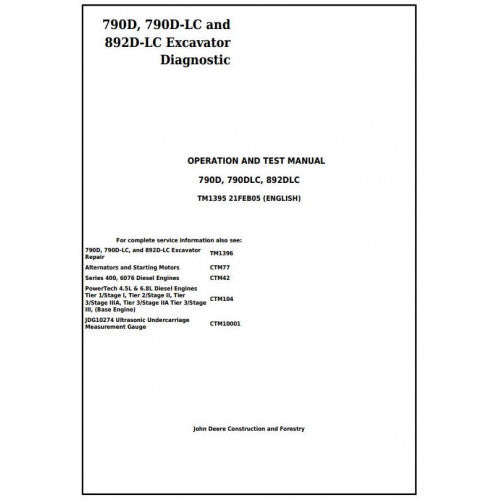 Download John Deere 790D, 790DLC and 892DLC Excavator - (TM1395) Diagnostic, Operation and Test Service Manual