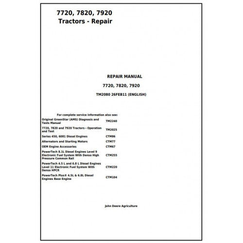 John Deere 7720, 7820, 7920 Tractor (TM2080) Service Technical Manual