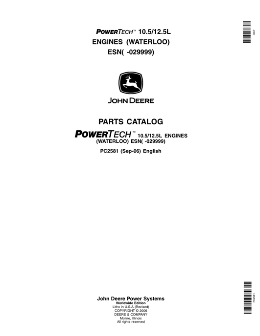 John Deere 10.5L, 12.5L Engine (SN –029999) Parts Manual PC2581