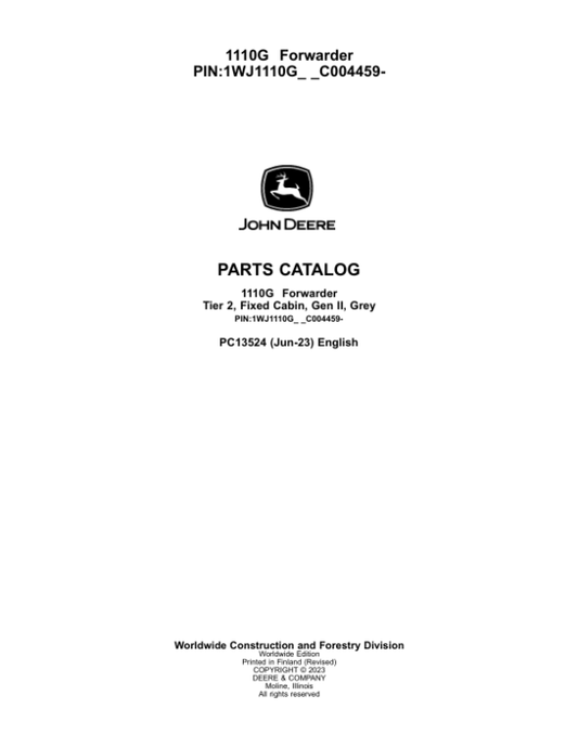 John Deere 1110E IT4 T2 FFC Forwarders (SN C004459-) Parts Catalog Manual – PC13524