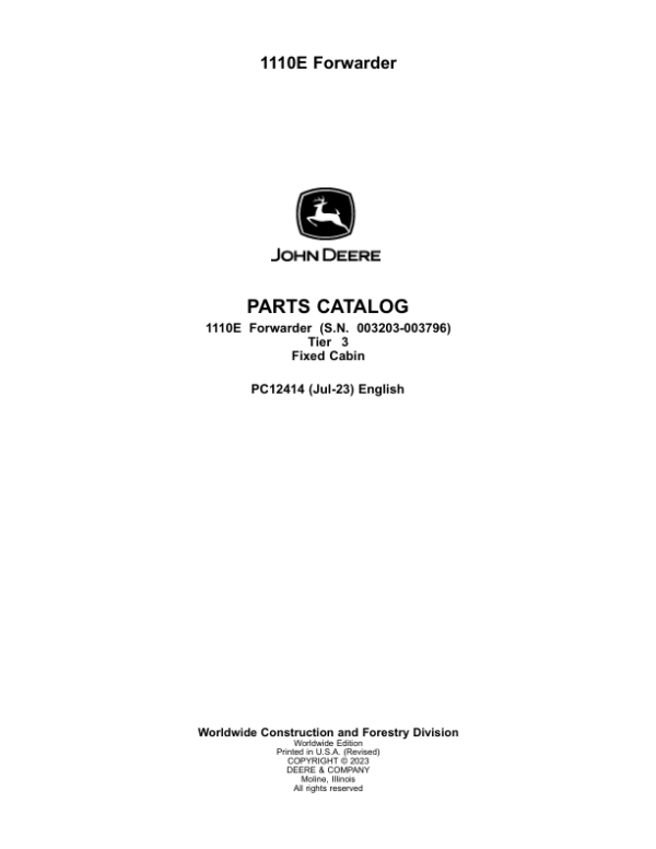 John Deere 1110E T3 FFC Forwarders (SN 003203-003796) Parts Catalog Manual – PC12414