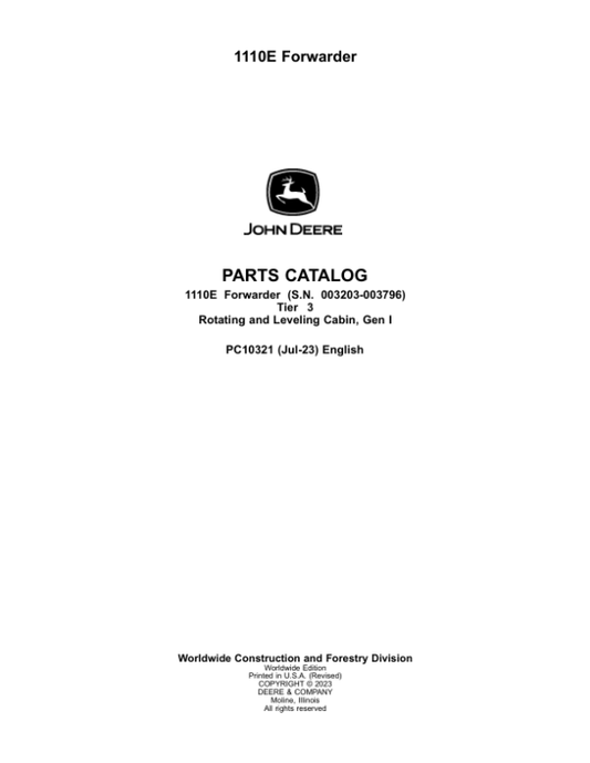John Deere 1110E T3 Forwarders (SN 003203-003818) Parts Catalog Manual – PC10321