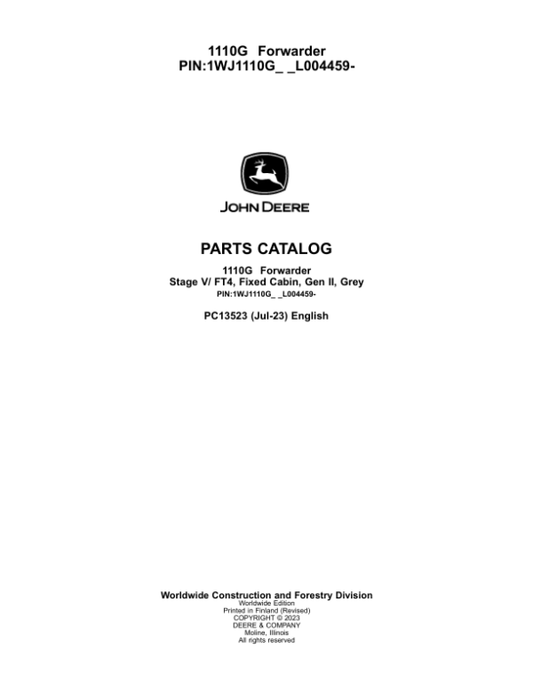John Deere 1110G FT4 FFC Forwarders (SN L004459-) Parts Catalog Manual – PC13523