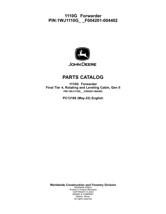 John Deere 1110G FT4 RL Forwarders (SN F004201-004402) Parts Catalog Manual – PC13188