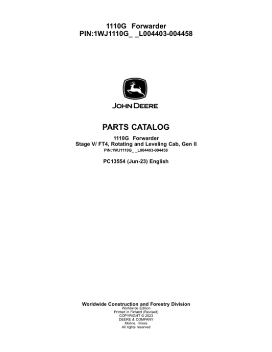 John Deere 1110G FT4 RL Forwarders (SN L004403-004458) Parts Catalog Manual – PC13554