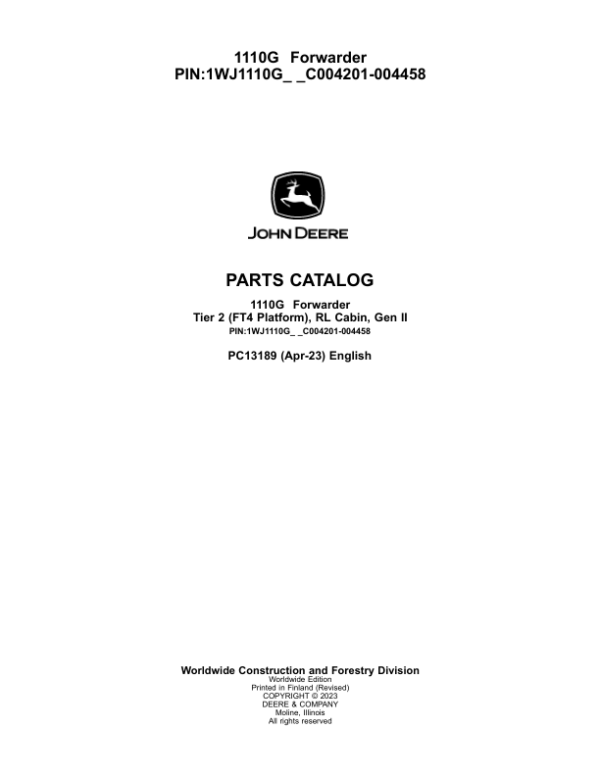 John Deere 1110G T2 RL Forwarders (SN C004201-004458) Parts Catalog Manual – PC13189
