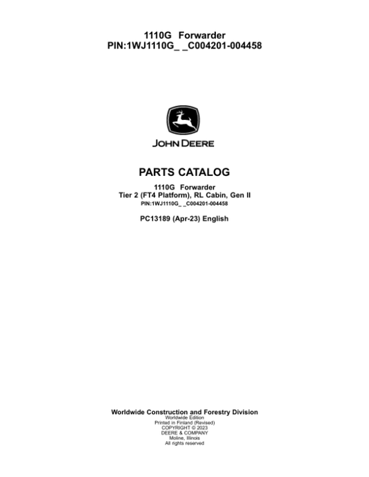John Deere 1110G T2 RL Forwarders (SN C004201-004458) Parts Catalog Manual – PC13189