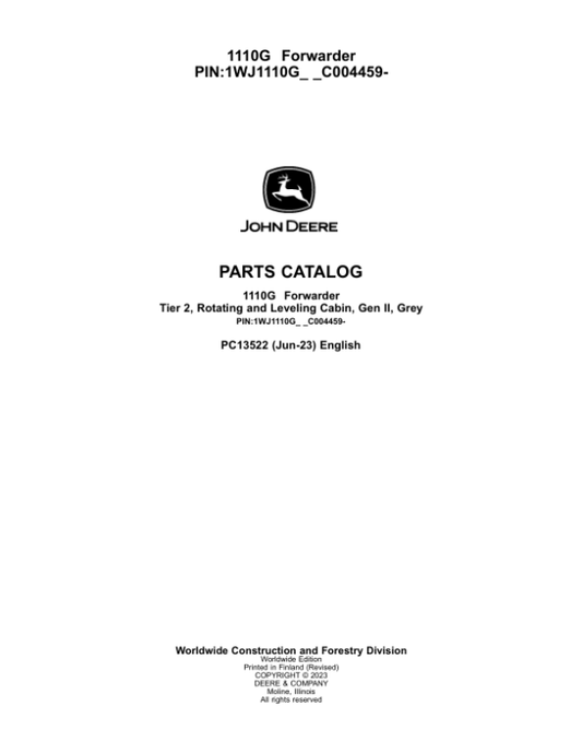 John Deere 1110G T2 RL Forwarders (SN C004459-) Parts Catalog Manual – PC13522
