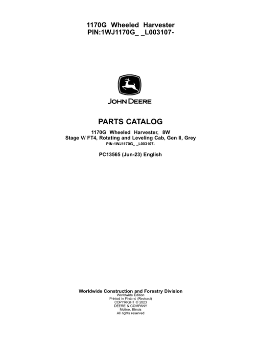 John Deere 1170G Forwarders (SN F003107-) Parts Catalog Manual – PC13565