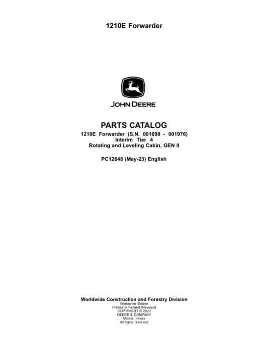 John Deere 1210E IT4 Forwarders (SN 001698 – 001976) Parts Catalog Manual – PC12648