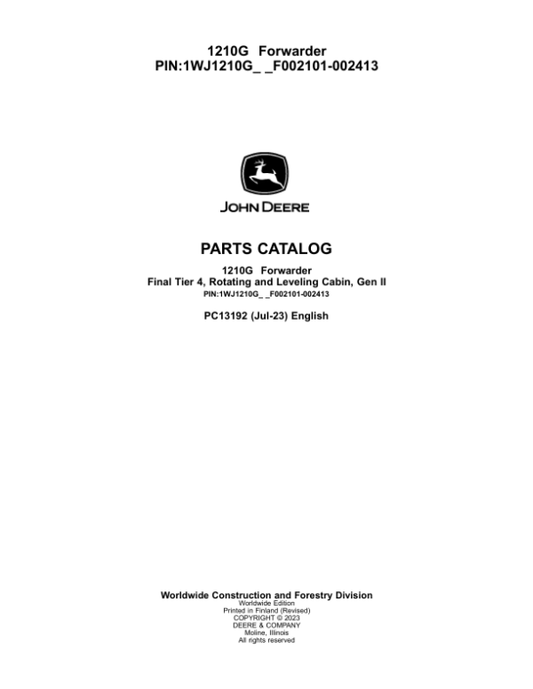 John Deere 1210G FT4 RL Forwarders (SN F002101-002413) Parts Catalog Manual – PC13192