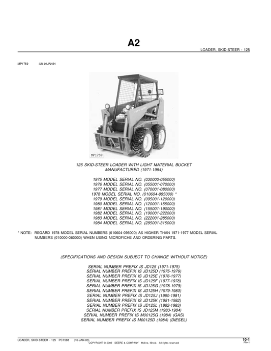 John Deere 125 Skid Steers Parts Catalog Manual – PC1588