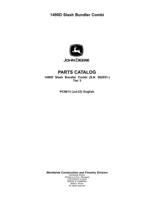 John Deere 1490D T3 Forwarders (SN 002051-) Parts Catalog Manual – PC9613