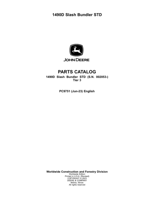 John Deere 1490D T3 Forwarders (SN 002053-) Parts Catalog Manual – PC9751