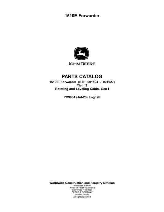 John Deere 1510E Forwarders (SN 001504 – 001927) Parts Catalog Manual – PC9804
