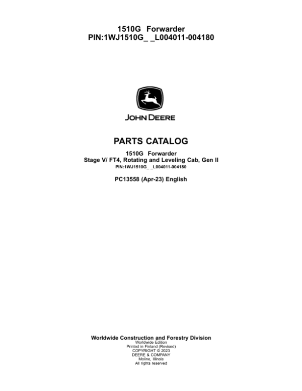 John Deere 1510G FT4 RL Forwarders (SN L004011-004180) Parts Catalog Manual – PC13558