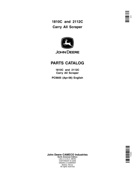 John Deere 1810C, 2112C Scrapers Parts Catalog Manual – PC9605