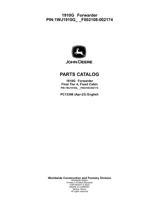 John Deere 1910G Forwarders (SN F002108-002174) Parts Catalog Manual – PC13398