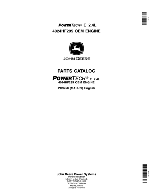 John Deere 2.4L, 4024HF295 Engines Parts Catalog Manual – PC9758