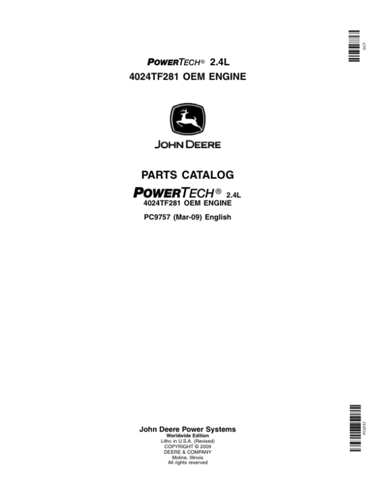 John Deere 2.4L, 4024TF281 Engines Parts Catalog Manual – PC9757