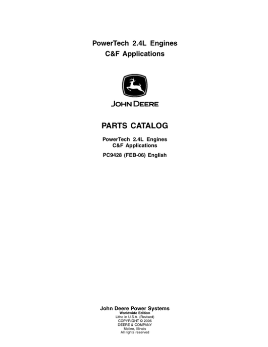 John Deere 2.4L, 4024TTXXX Engines Parts Catalog Manual – PC9428