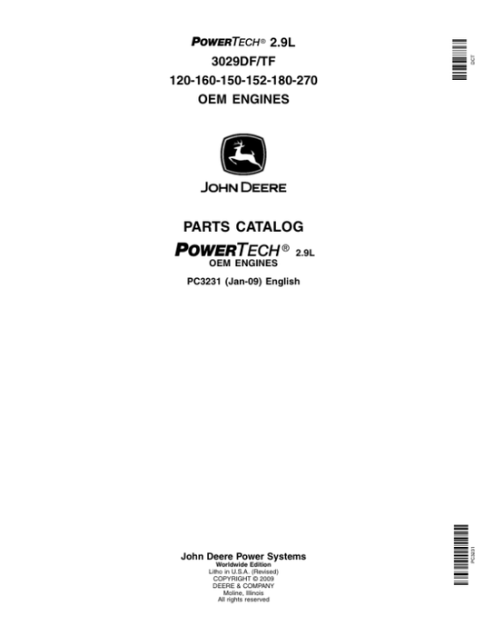 John Deere 2.9L, 3029 TF & DF Engines Parts Catalog Manual – PC3231