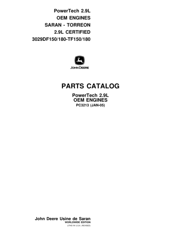 John Deere 2.9L Engines Parts Catalog Manual – PC3213
