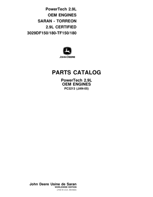 John Deere 2.9L Engines Parts Catalog Manual – PC3213