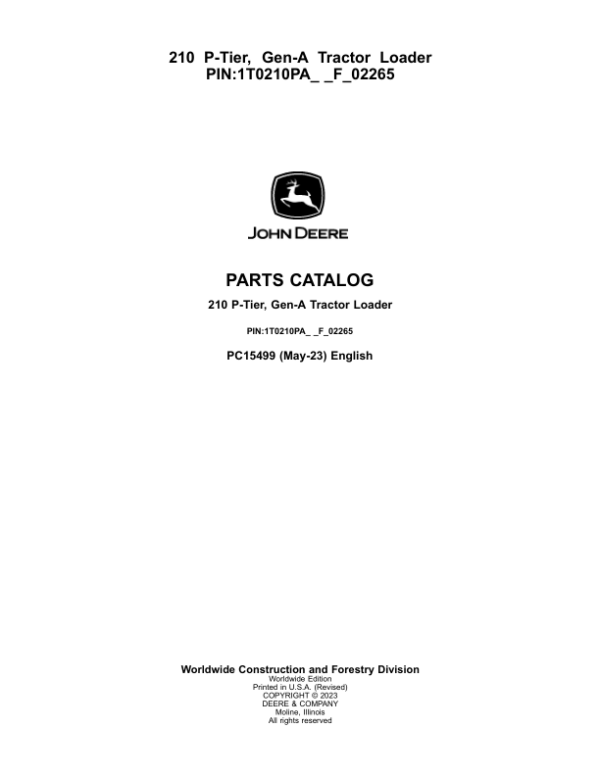 John Deere 210 P Backhoe Loaders (SN 1T0210PA_ _F_02265-) Parts Catalog Manual – PC15499