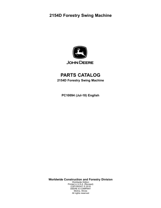John Deere 2154D Swing Machines (SN D210001-D211156) Parts Catalog Manual – PC10094