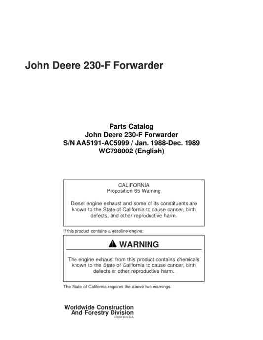 John Deere 230 Forwarders (SN AA5191-AC5999) Parts Catalog Manual – WC798002