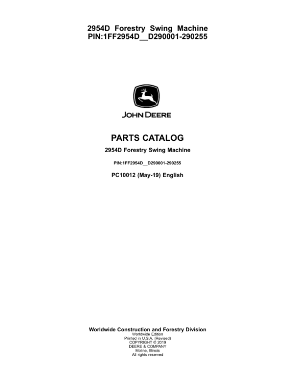 John Deere 2954D Swing Machines Parts Catalog Manual – PC10012