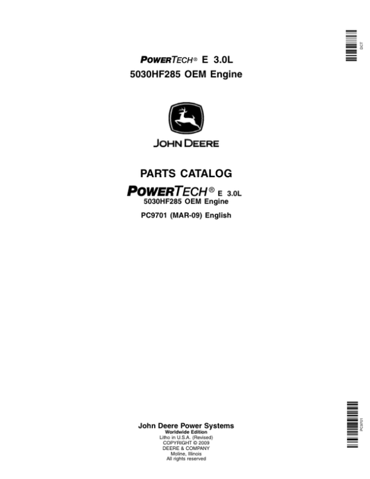 John Deere 3.0L, 5030HF285 Engines Parts Catalog Manual – PC9701