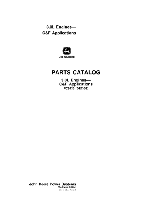 John Deere 3.0L C&F Applications Engines Parts Catalog Manual – PC9430