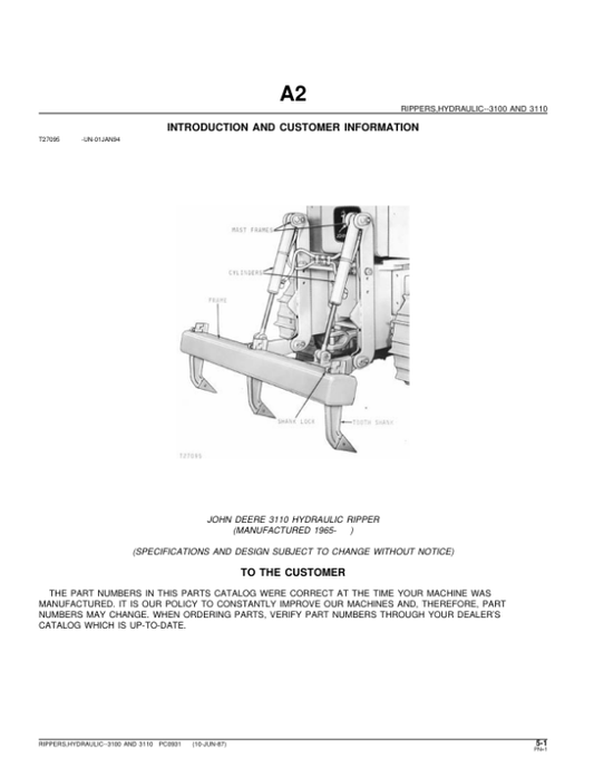 John Deere 3100, 3110 Attachments (John Deere Hydraulic Ripper YR 1965 –) Parts Catalog Manual – PC931