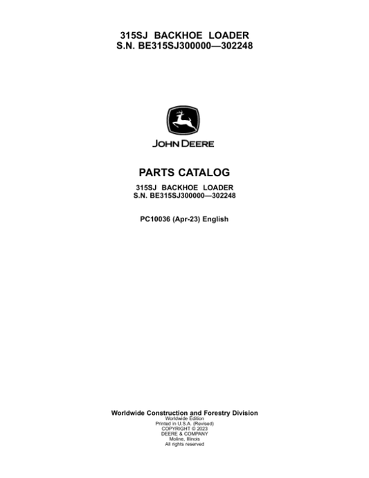John Deere 315SJ Backhoe Loaders Parts Catalog Manual – PC10036