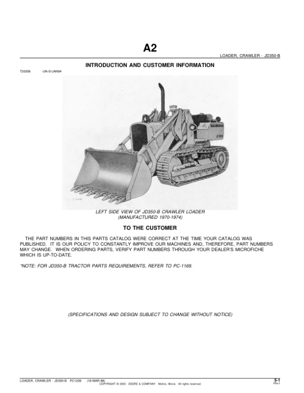 John Deere 350B Attachments (SN JD350-B CRAWLER LOADER (YR 1970-1974) Parts Catalog Manual – PC1209