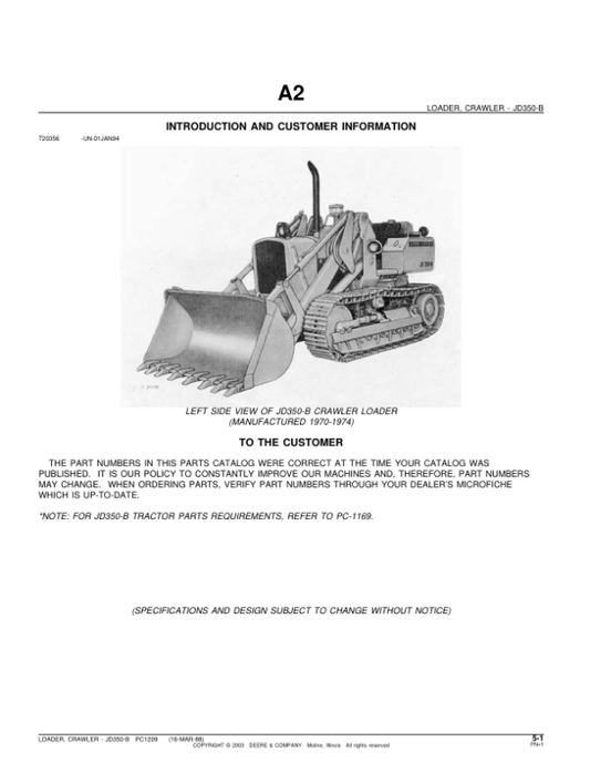 John Deere 350B Attachments (SN JD350-B CRAWLER LOADER (YR 1970-1974) Parts Catalog Manual – PC1209