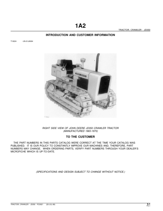 John Deere 350 Crawlers Parts Catalog Manual – PC921