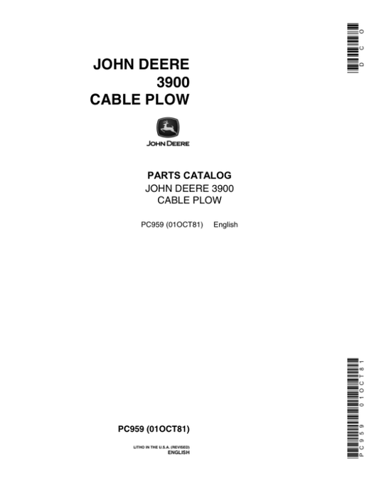 John Deere 3900 Attachments (Cable Plow) Parts Catalog Manual – PC959