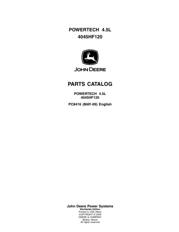 John Deere 4.5L, 4045HF120 Engines Parts Catalog Manual – PC8416
