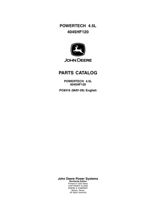 John Deere 4.5L, 4045HF120 Engines Parts Catalog Manual – PC8416