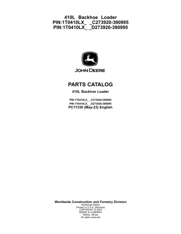 John Deere 410L Backhoe Loaders (SN C273920-390995 & D273920-390995) Parts Catalog Manual – PC11330